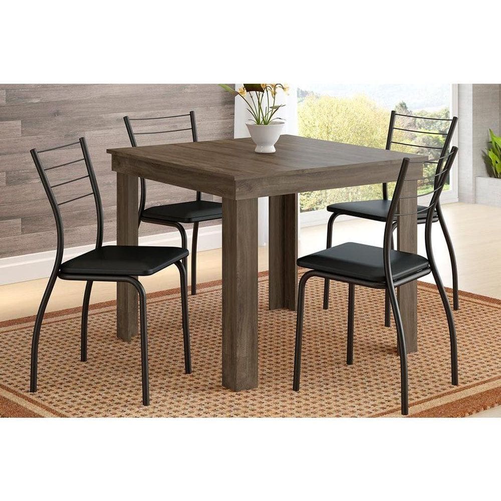 Conjunto: Mesa de Cozinha Madeirada 1555 90cm e 4 Cadeiras 1700 Preto - Preto/Preto - Carraro