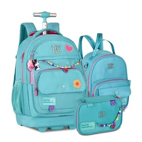 Kit Mochila de Rodinhas Rebecca Bonbon Color Pop Miçangas + Lancheira e Estojo Azul
