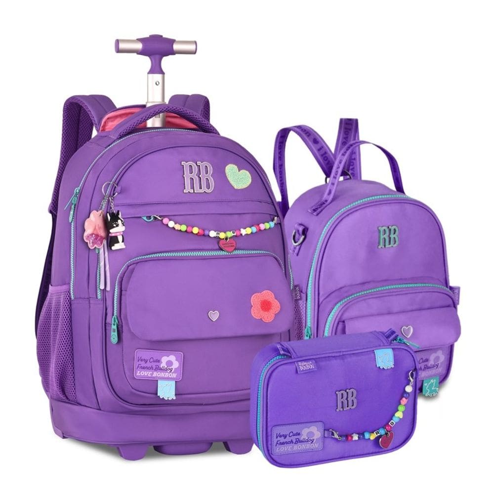 Kit Mochila de Rodinhas Rebecca Bonbon Color Pop Miçangas + Lancheira e Estojo Roxo