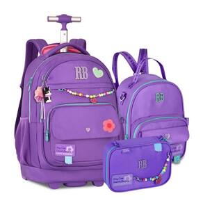 Kit Mochila de Rodinhas Rebecca Bonbon Color Pop Miçangas + Lancheira e Estojo Roxo