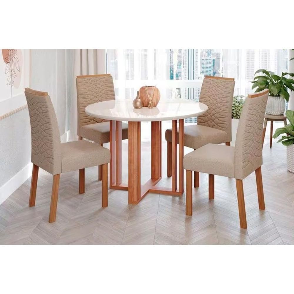 Conjunto: Mesa Sala Jantar Flora c/ Tampo Madeirado c/ Vidro 109cm e 4 Cadeiras Clarice Cinamomo/Off White - Nature-Madeirado/Linho Be - Cimol
