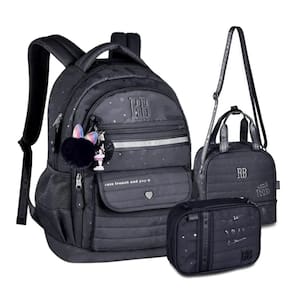 Kit Mochila de Costas Rebecca Bonbon Holográfica Lancheira e Estojo Preto