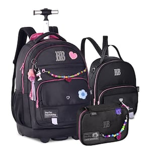 Kit Mochila de Rodinhas Rebecca Bonbon Color Pop Miçangas + Lancheira e Estojo Preto