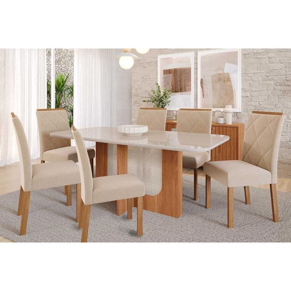 Conjunto: Mesa Sala Jantar Louise Tampo Madeirado c/ Vidro 160x80cm e 6 Cadeiras Fernanda Cinamomo/Off White - Nature-Madeirado/Suede Nu - Cimol
