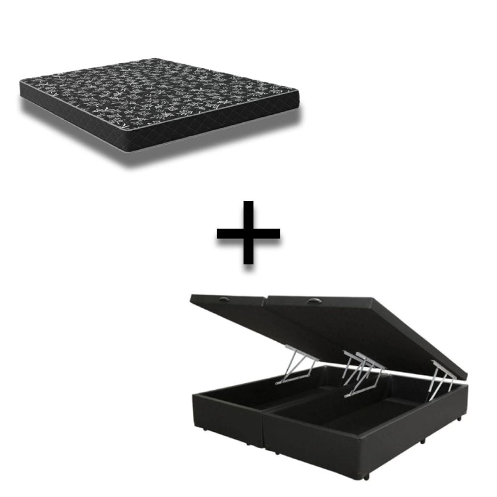 Cama Baú King 193 Tecido Sintético Preto Com Colchão Espuma D20 - Tampo Preto Bello Box 12cm