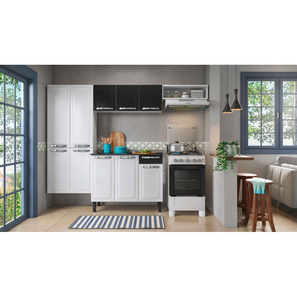 Cozinha Compacta Aço Rose 10 Portas 1 Gaveta Branco com Preto - Rede Móveis