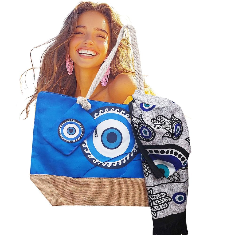 Kit Bolsa Praia Olho Grego + Canga Boas Vibrações