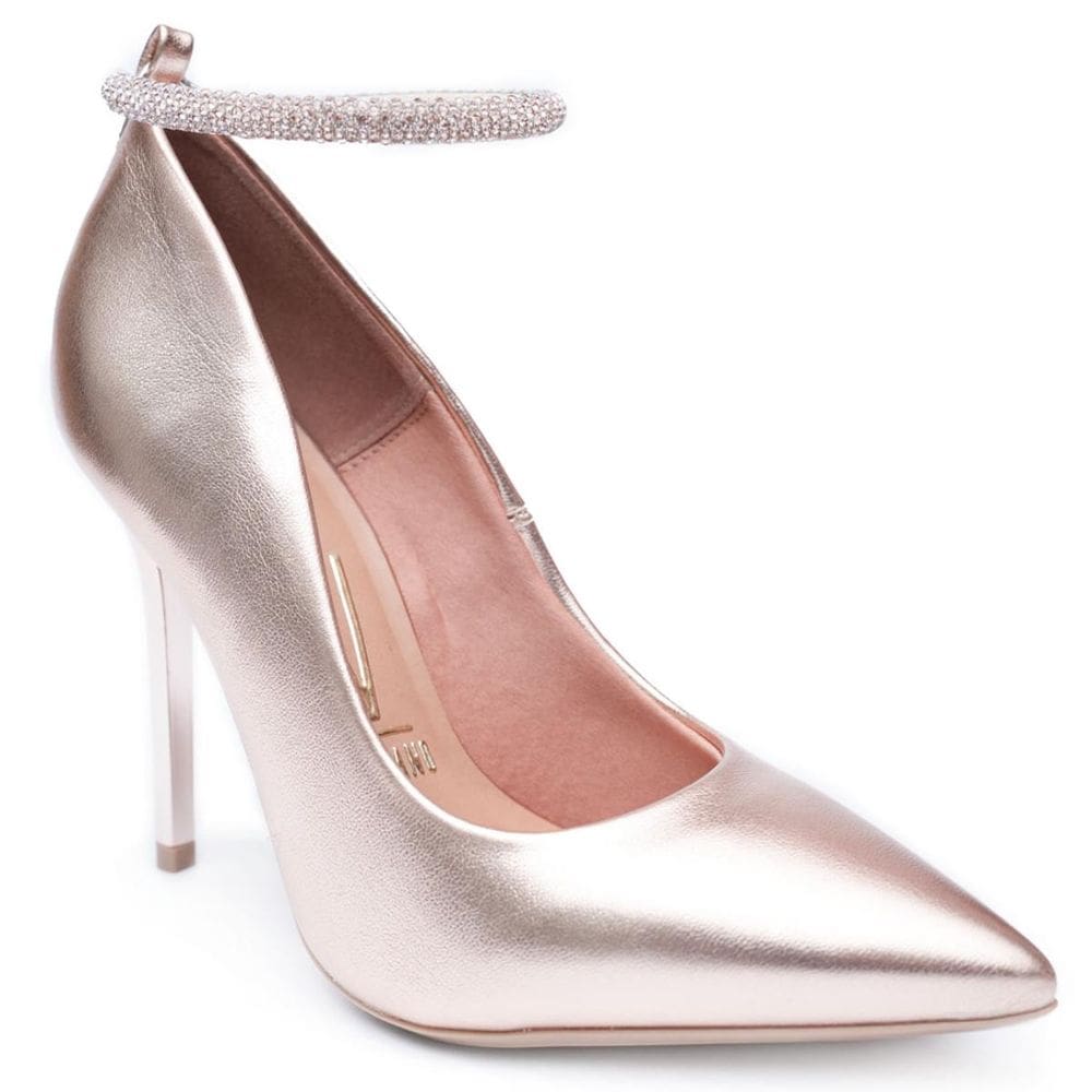 Scarpin Vizzano Bico Fino Salto Alto Metalizada Feminino - Ouro Rosado