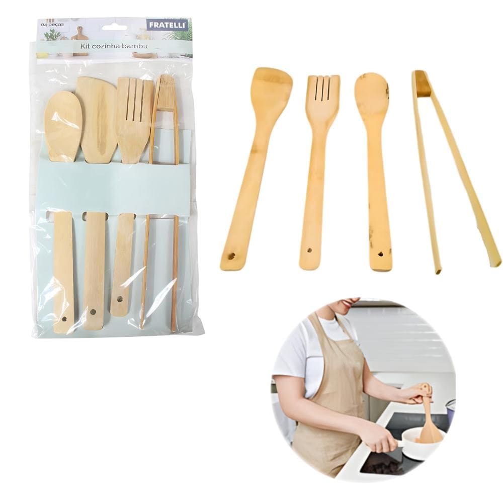 KIT Colher/Garfo/Espátula de Bambu