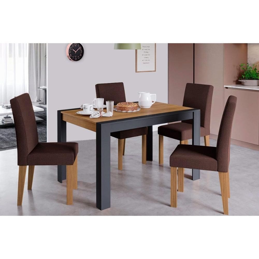 Conjunto: Mesa de Cozinha Grace Tampo Madeirado 130x90cm e 4 Cadeiras Milena Nature/Suede Joli Chocolate - Cimol