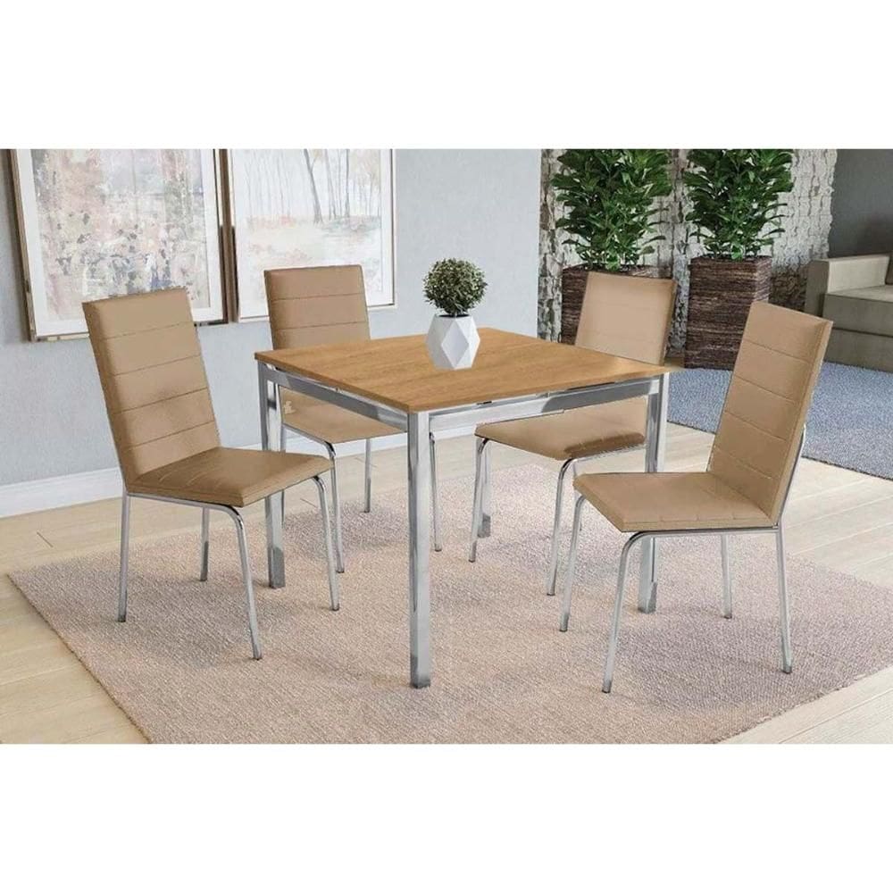 Conjunto: Mesa de Cozinha Reno c/ Tampo de Madeira 90cm e 4 Cadeiras Amsterdã Cromada/Nogueira - Courano Capuccino - Kappesberg