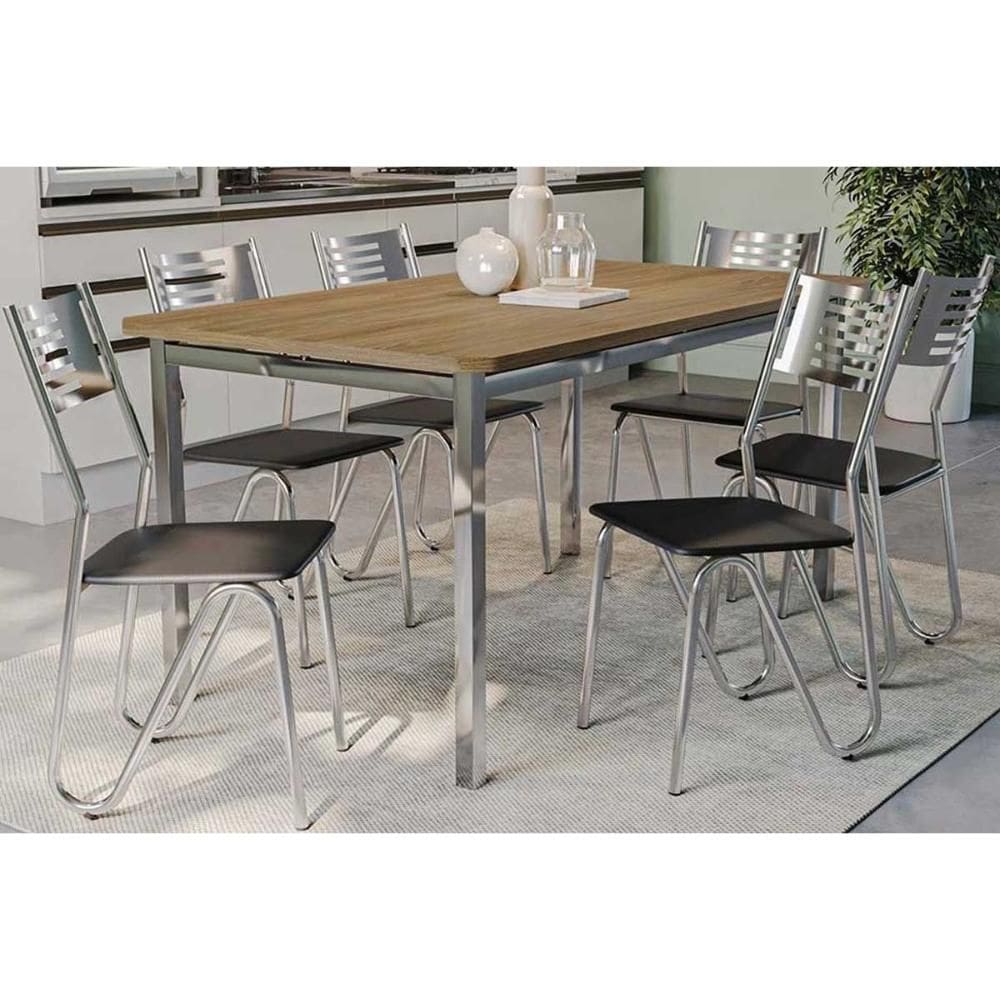 Conjunto: Mesa de Cozinha Reno c/ Tampo de Madeira 160cm e 6 Cadeiras Nápoles Cromada/Preto 110 - Kappesberg