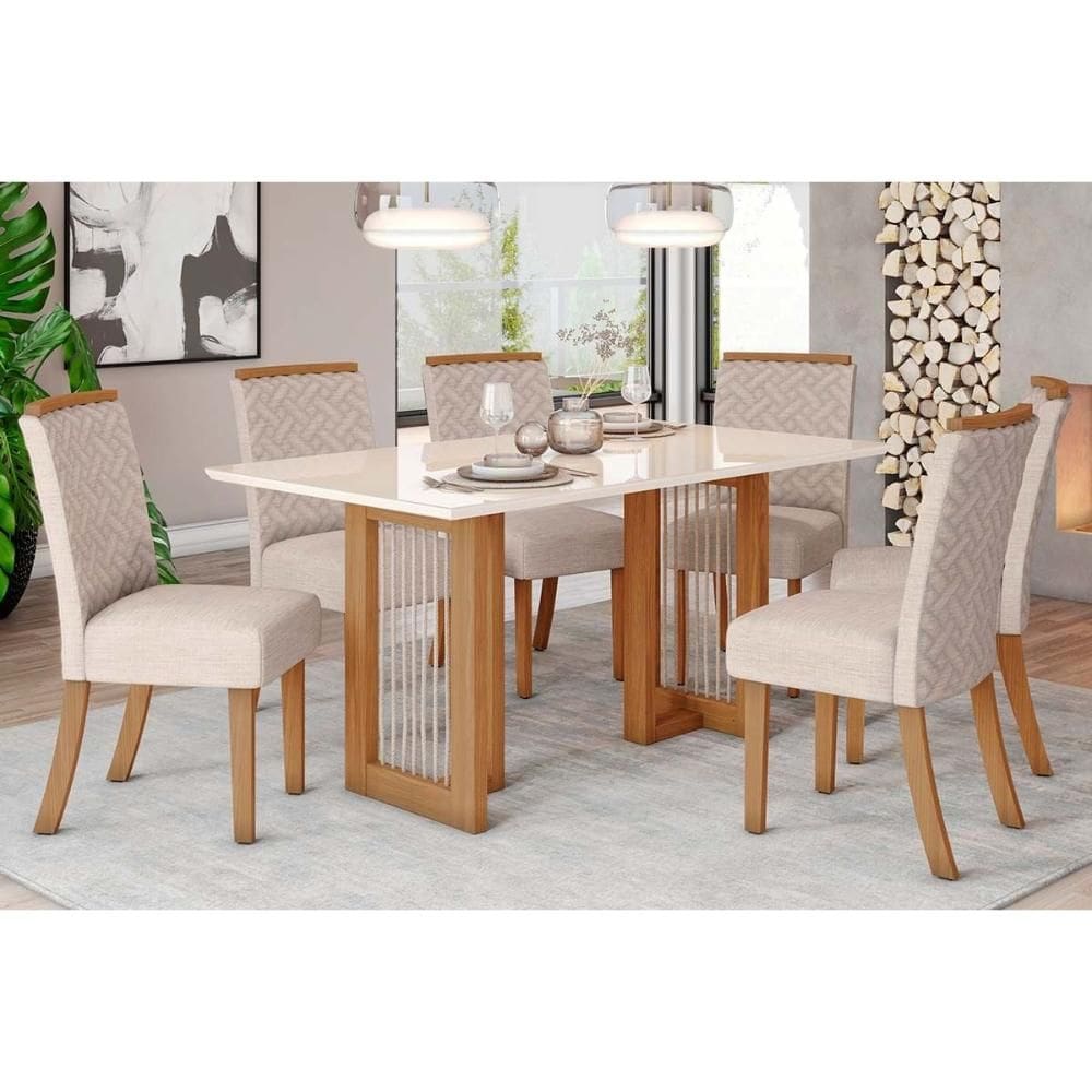 Conjunto: Mesa de Cozinha Yara c/ Tampo Madeirado c/ Vidro Reto 160x90cm e 6 Cadeiras Malu Nature/Linho - Henn