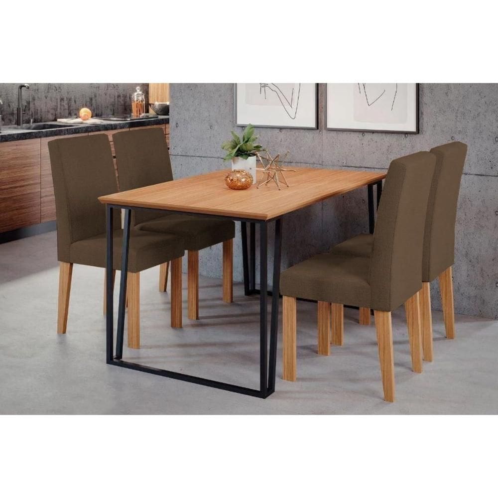 Conjunto: Mesa de Cozinha Lisa Tampo Madeirado 130x80cm e 4 Cadeiras Milena Nature/Suede Joli Chocolate - Cimol