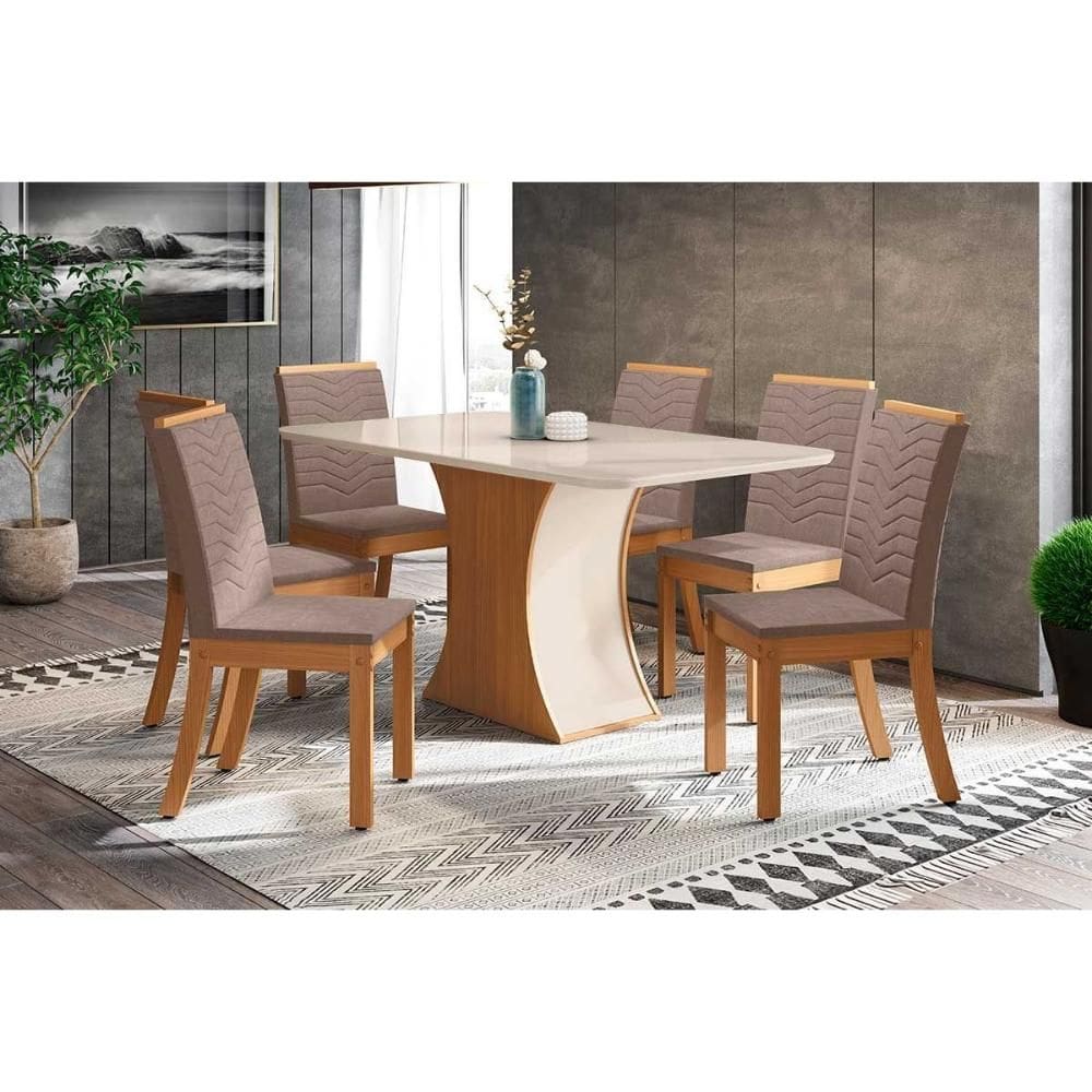 Conjunto: Mesa de Cozinha Luiza c/ Tampo de Vidro 160x90cm e 6 Cadeiras Isa Nature/Off White - Suede Marrom - Henn