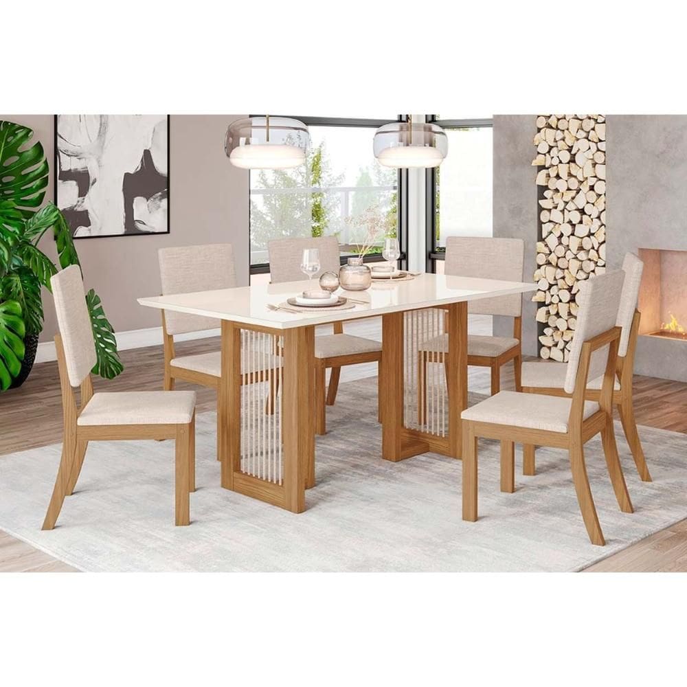 Conjunto: Mesa de Cozinha Yara c/ Tampo Madeirado c/ Vidro Reto 160x90cm e 6 Cadeiras Milla Nature/Linho - Henn