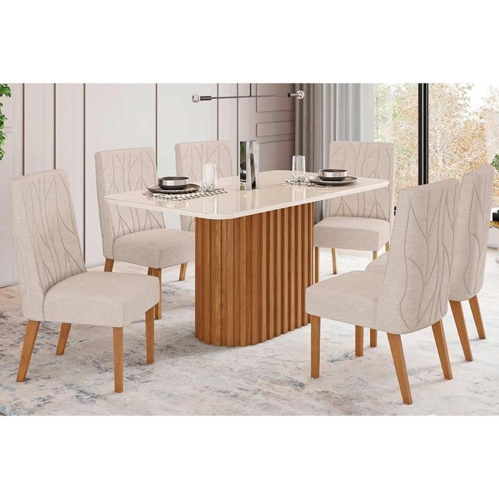 Conjunto: Mesa de Cozinha Solana c/ Tampo Madeirado c/ Vidro Curvo 200x90cm e 8 Cadeiras Eloá Nature/Suede Light Linho - Henn