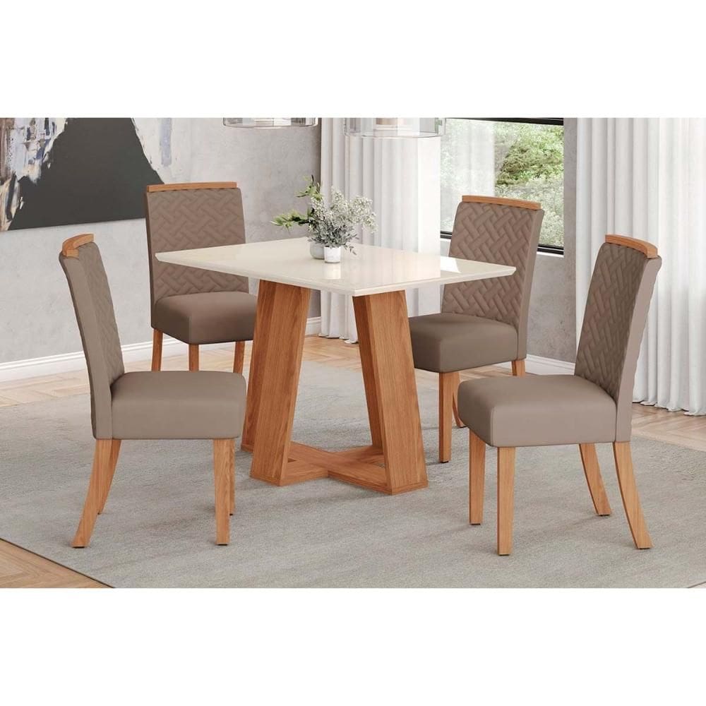 Conjunto: Mesa de Cozinha Lins c/ Tampo Reto Madeirado c/ Vidro 120x80cm e 4 Cadeiras Malu Nature/Suede Light Marrom Amendoa - Henn