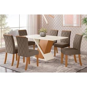 Conjunto: Mesa de Cozinha Solus Tampo Madeirado c/ Vidro Canto Reto 160x90cm e 6 Cadeiras Vita Nature/Suede Light Bege - Henn