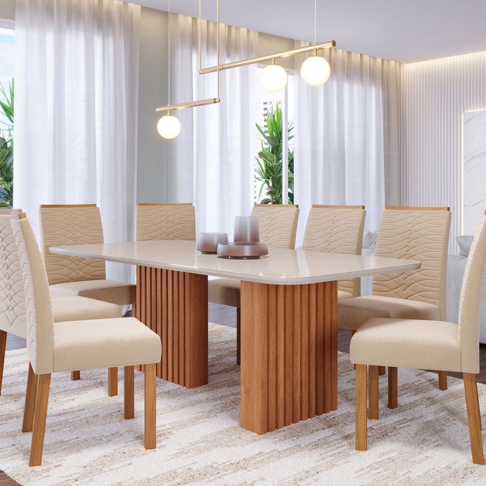 Sala de Jantar Ester 210 Cm com 8 Cadeiras Clarice Cinamomo/Offwhite/Nude