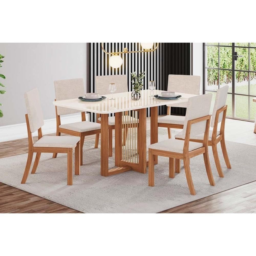 Conjunto: Mesa de Cozinha Natalí c/ Tampo Madeirado c/ Vidro Curvo 160x80cm e 6 Cadeiras Milla Nature/Suede Light Linho - Henn