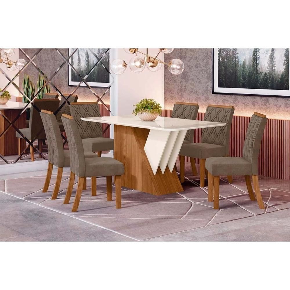 Conjunto: Mesa de Cozinha Epic Tampo Madeirado c/ Vidro 160x90cm e 6 Cadeiras Vita Nature/Suede Light Bege - Henn