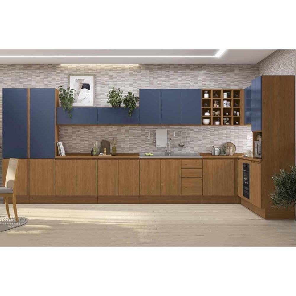 Kit de Cozinha Completa 22 Peças Ciela 2 (5Aéreos+6Balcões+3Paneleiros+8Complementos) C22P82 Canela/Azul Profundo - Kappesberg