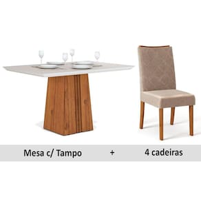 Conjunto: Mesa de Cozinha Itália Tampo Madeirado c/ Vidro 120x90cm e 4 Cadeiras Golden Terrara/Off White/Kraft - DJ Móveis