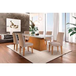 Conjunto: Mesa de Cozinha Luna Tampo Madeirado c/ Vidro Canto Curvo 180x90cm e 6 Cadeiras Grécia Imbuia/Off White/Rústico - Rufato