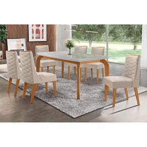 Conjunto: Mesa de Cozinha Londrina Tampo Madeirado c/ Vidro 180x90cm e 6 Cadeiras Dafne Capuccino/Suede Creme - Rufato