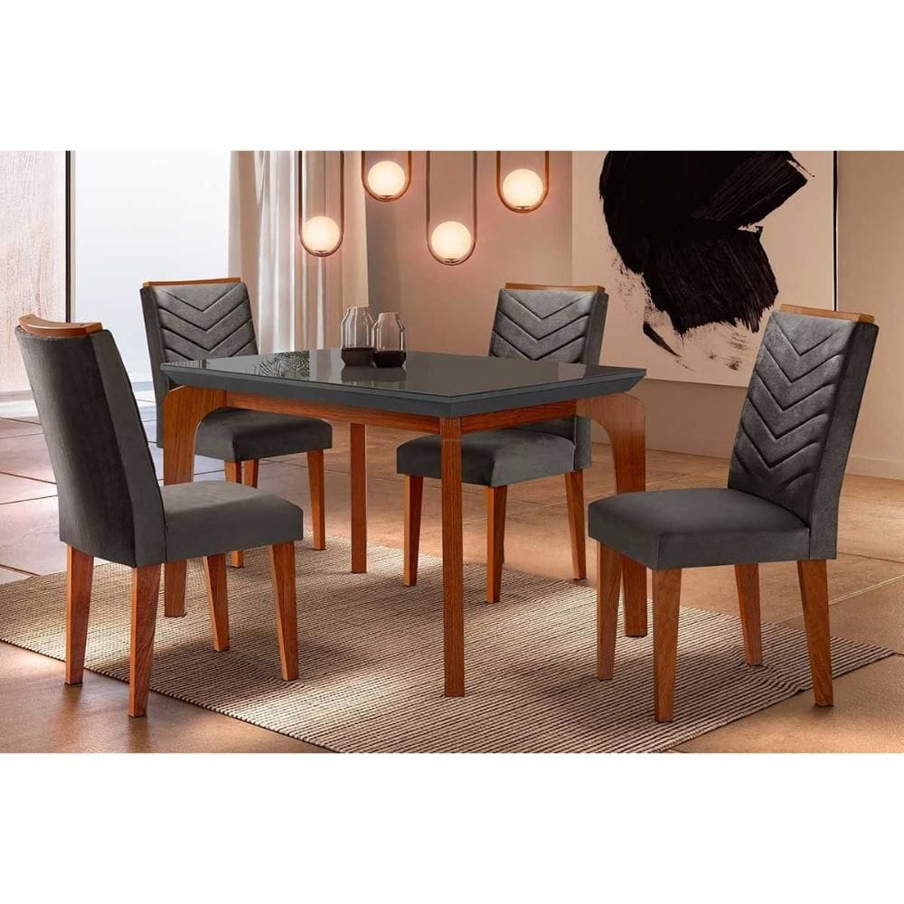 Conjunto: Mesa de Cozinha Londrina Tampo Madeirado c/ Vidro 120x80cm e 4 Cadeiras Londrina Imbuia/Grafite - Rufato