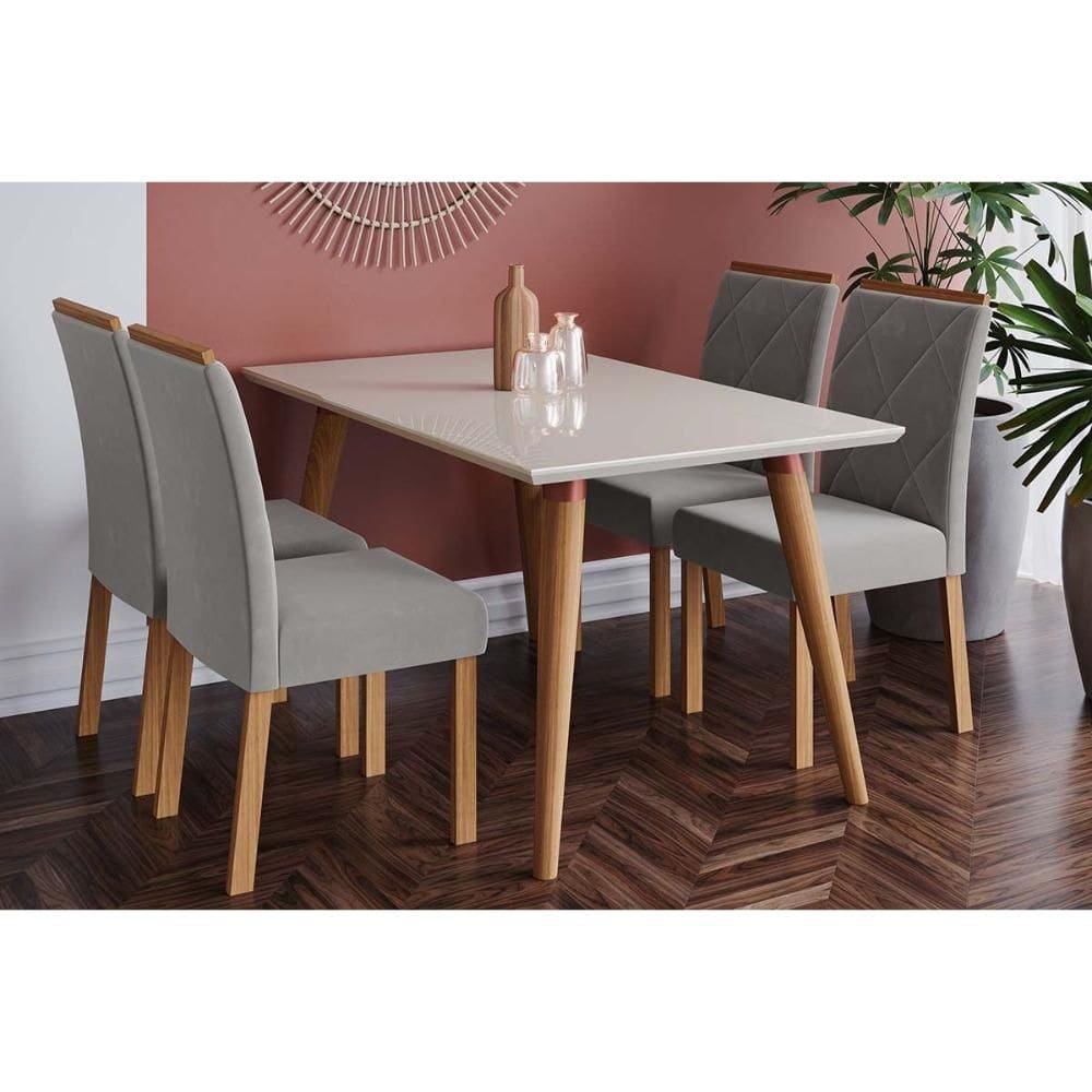 Conjunto: Mesa de Cozinha Adele Madeira Maciça c/ Tampo Madeirado c/ Vidro 130x80cm e 4 Cadeiras Fernanda Madeira/Off White - Linho Grafite - Cimol