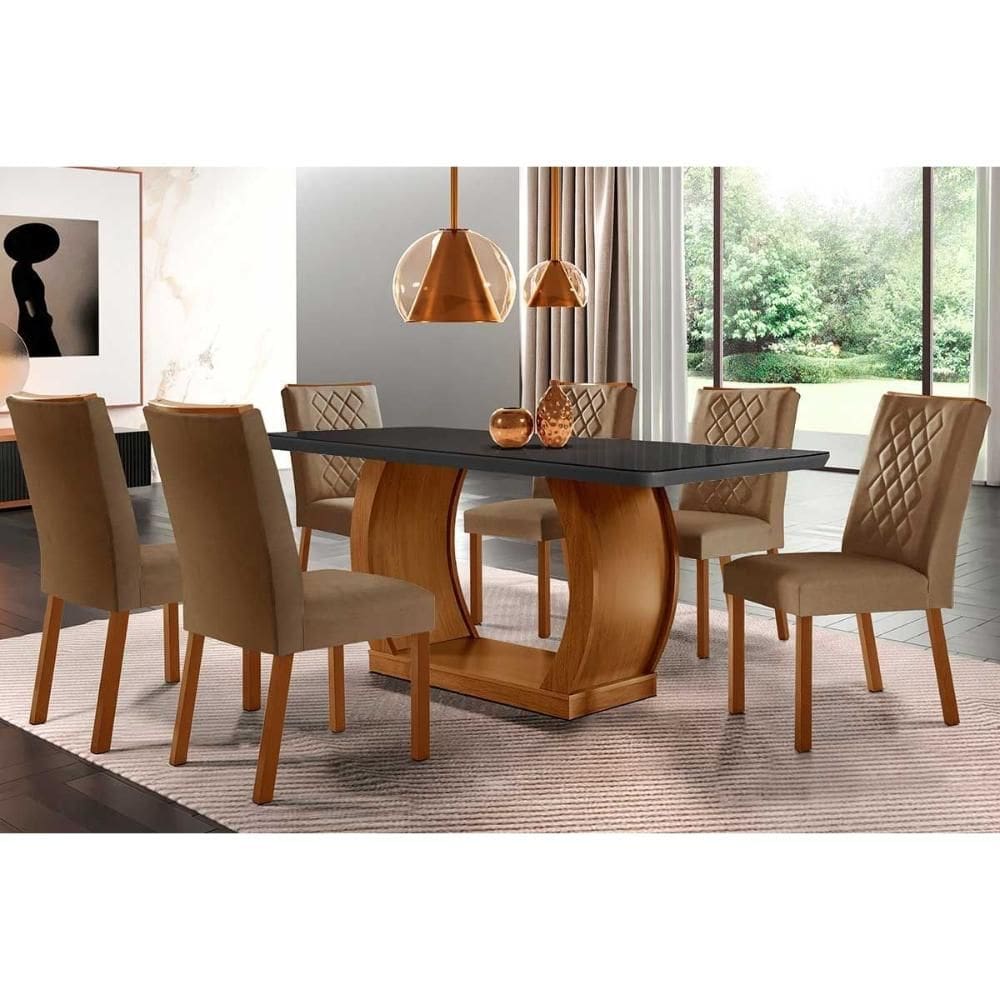Conjunto: Mesa de Cozinha Jade c/ Tampo Madeirado c/ Vidro Canto Curvo 180x90cm e 6 Cadeiras Jade Imbuia/Grafite - Suede Capuccino - Rufato