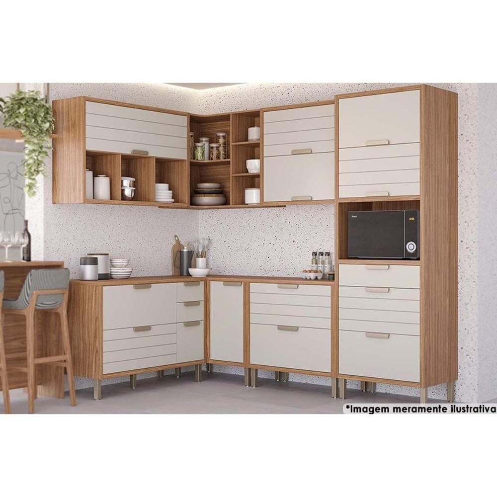 Kit Cozinha Modulada 7 Peças Eloise (3Aéreos+3Balcões+1Paneleiro) CZ029 Freijo/Off White - MGM