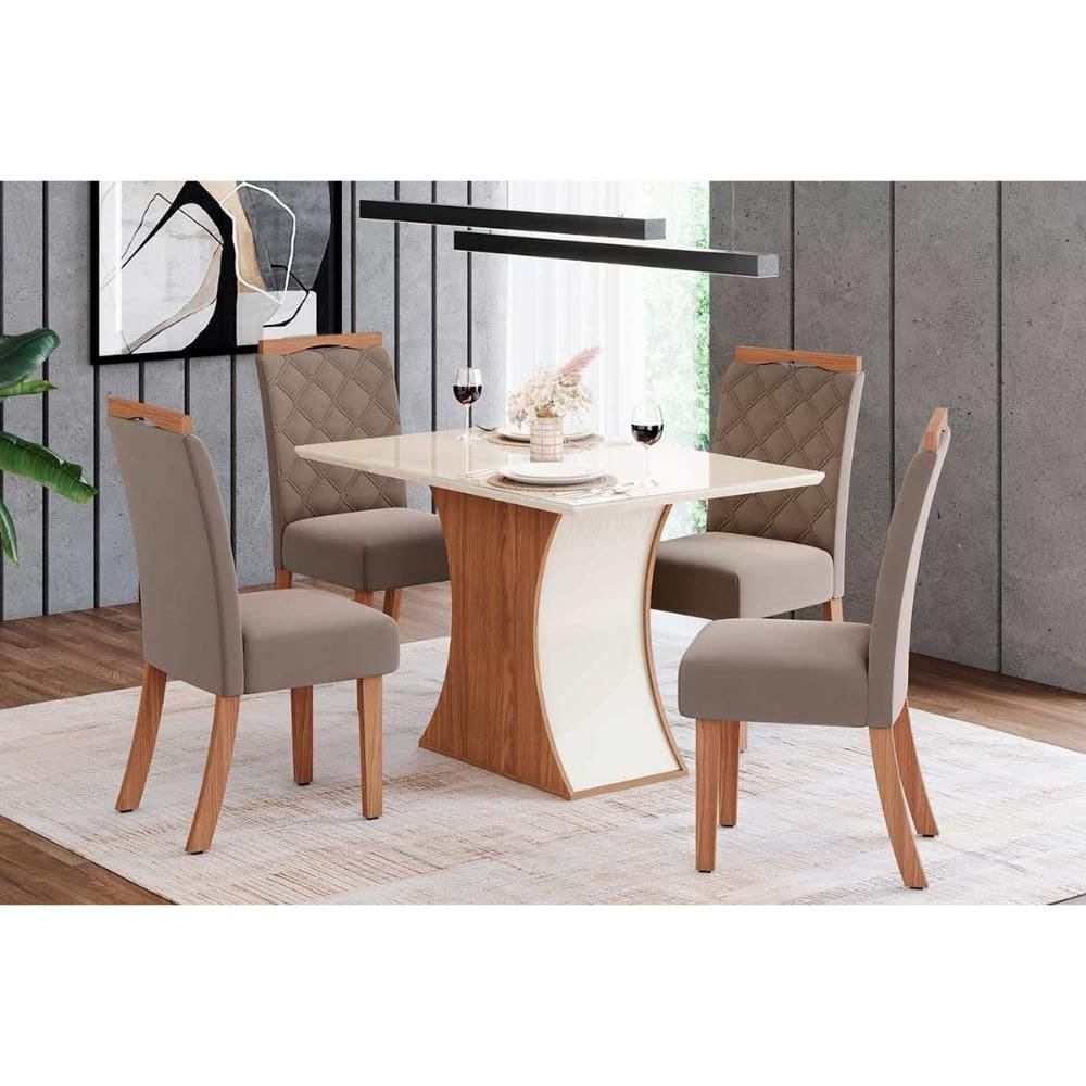 Conjunto: Mesa de Cozinha Luiza Tampo Madeirado c/ Vidro Canto Reto 120x80cm e 4 Cadeiras Bella Nature/Suede Light Marrom Amendoa - Henn