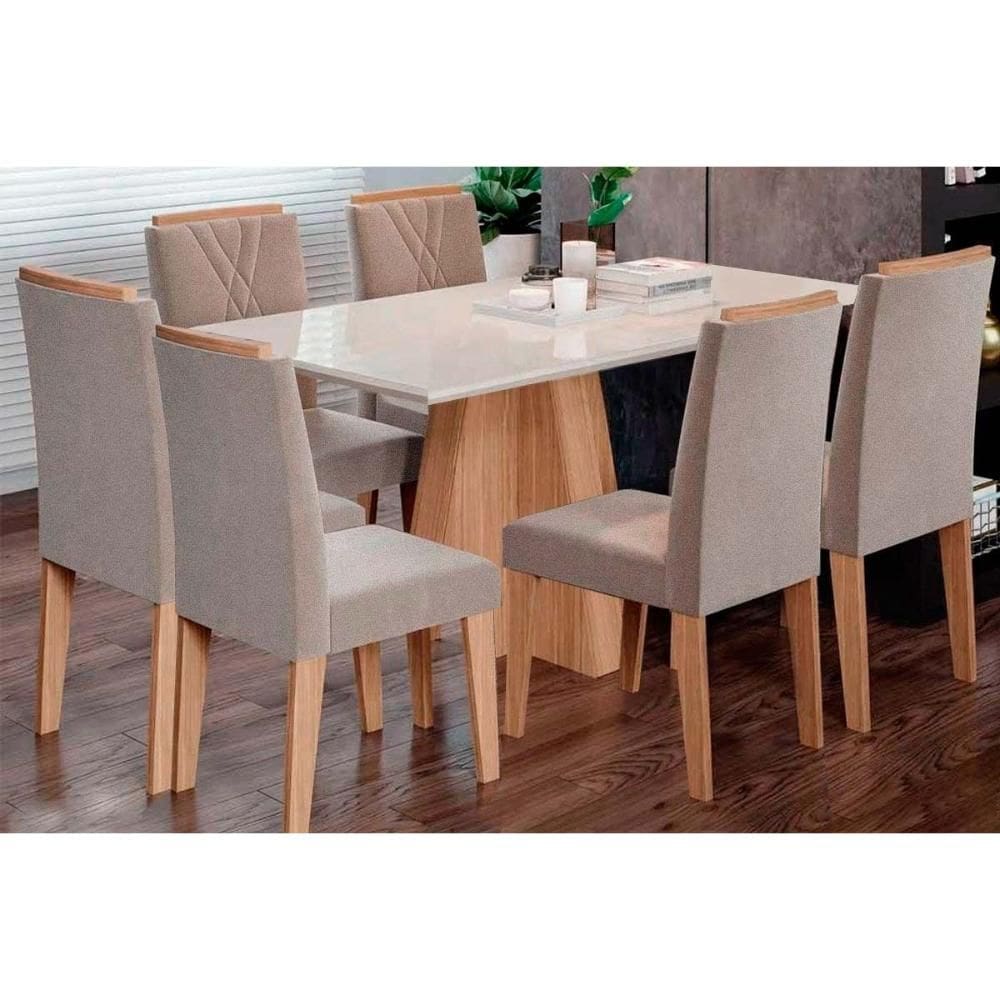 Conjunto: Mesa de Cozinha Maitê Tampo Madeirado c/ Vidro Canto Curvo 160X80cm e 6 Cadeiras Nicole Nature/Suede Nude Bege - Cimol