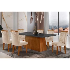 Conjunto: Mesa de Cozinha Luna Tampo Madeirado c/ Vidro Reto 180x90 e 6 Cadeiras Amsterdã Imbuia/Suede Creme - Rufato