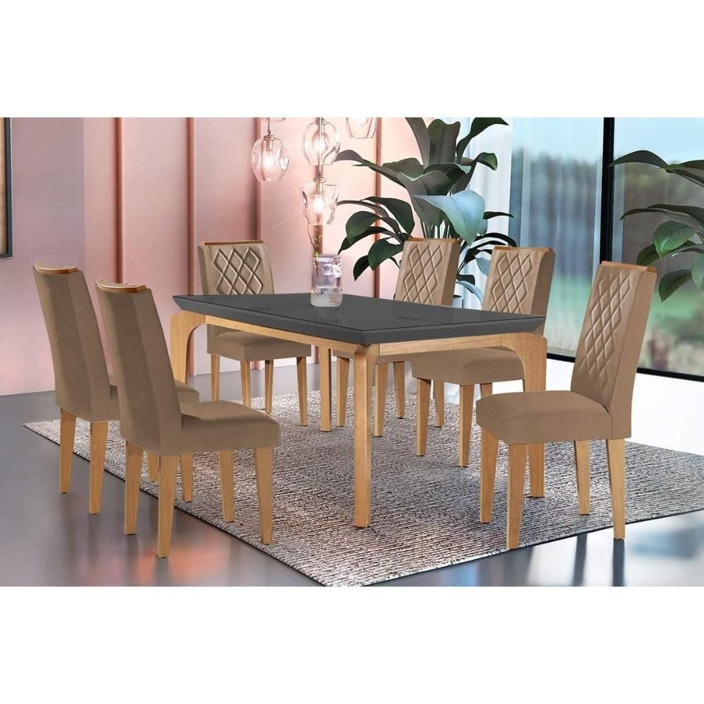 Conjunto: Mesa de Cozinha Londrina c/ Tampo Madeirado Vidro Canto Curvo 180x90cm e 6 cadeiras Jade Imbuia/Grafite - Suede Capuccino - Rufato