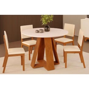 Conjunto: Mesa Sala Jantar Celeste Tampo Madeirado c/ Vidro Redondo 103x103cm e 4 Cadeiras Talia Freijo/Off White - Suede Creme - DJ Móveis