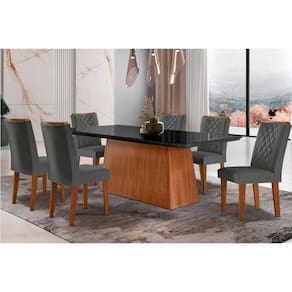 Conjunto: Mesa de Cozinha Luna c/ Tampo de Vidro Canto Curvo 180x90cm e 6 cadeiras Jade Imbuia/Grafite - Suede Grafite - Rufato