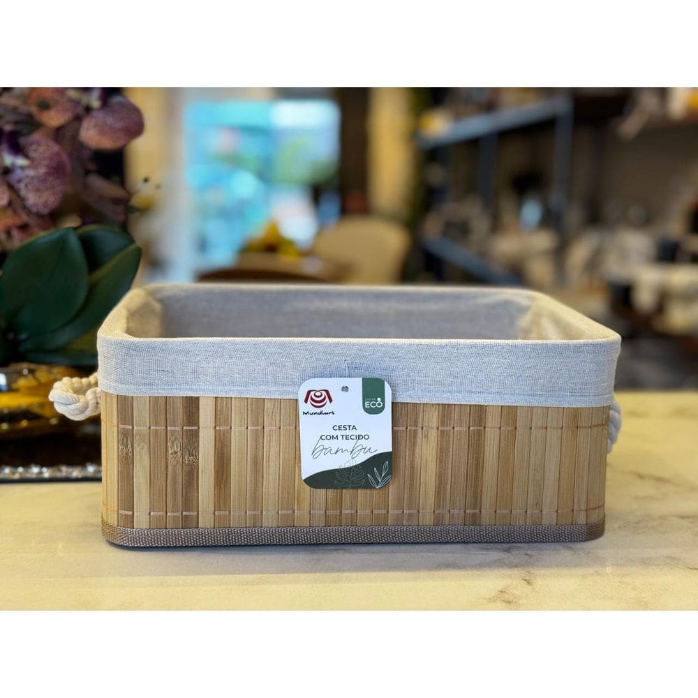 Cesta Em Bambu Com Tecido Retangular 32X22/13