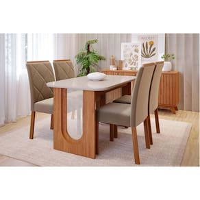 Conjunto: Mesa de Cozinha Valentina Tampo Madeirado c/ Vidro 130x80cm e 4 Cadeiras Fernanda Cinamomo/Off White - Madeirado/Suede Joli Capu - Cimol