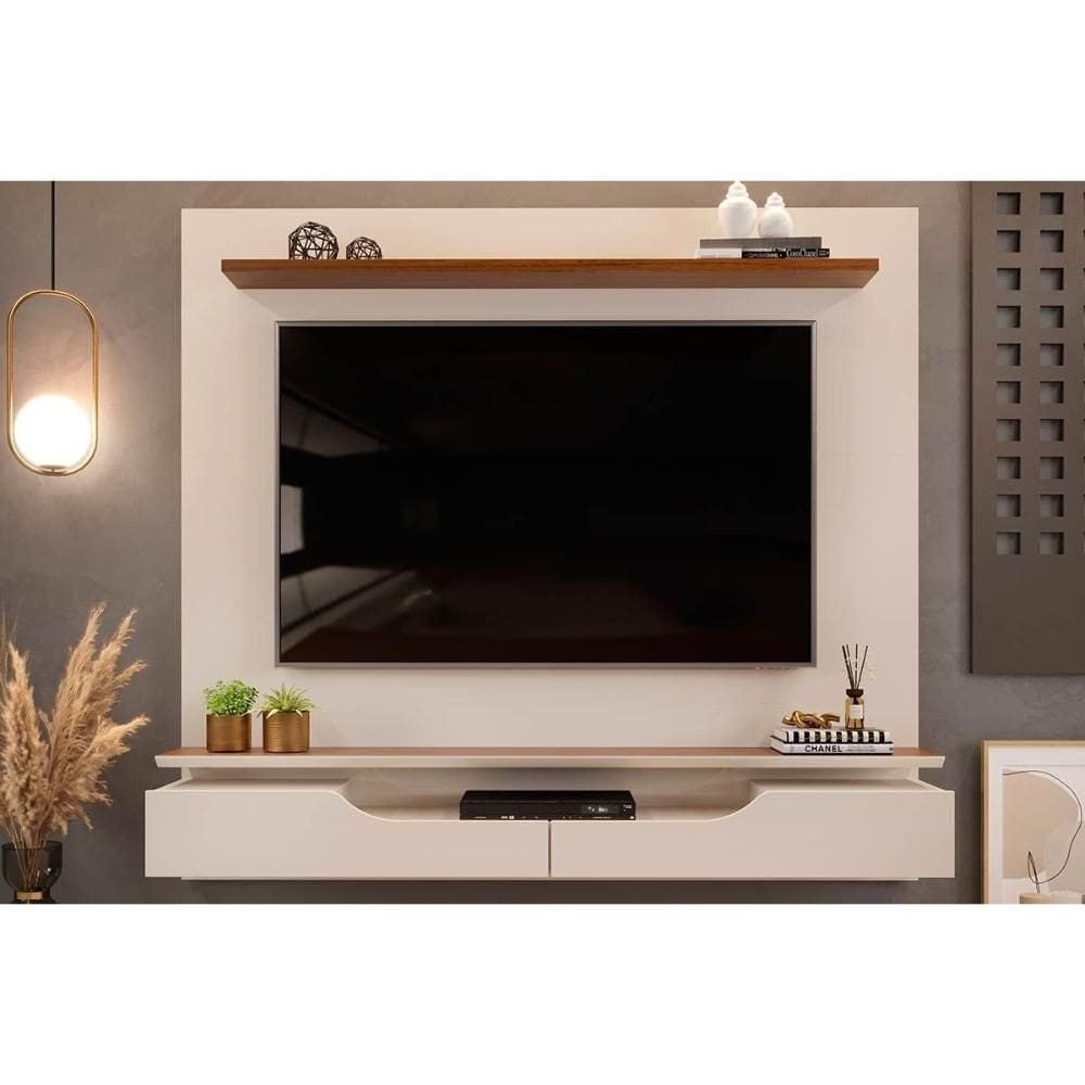 Painel Quarto p/ TV até 60 Pol Levi c/ Prateleiras 160x146cm Off White/Freijó - DJ Móveis