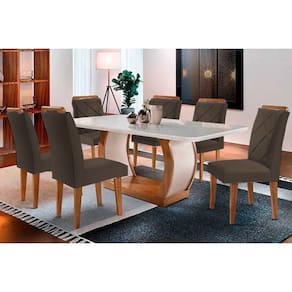 Conjunto: Mesa de Cozinha Jade Tampo Madeirado c/ Vidro Curvo 180x90 e 6 Cadeiras Melissa Imbuia/Suede Capuccino - Rufato