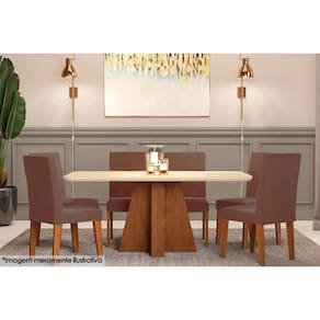 Conjunto: Mesa de Cozinha Maitê Tampo Madeirado c/ Vidro Canto Curvo 160x80cm e 6 Cadeiras Milena Savana/Off White-Suede Joli Chocolate - Cimol