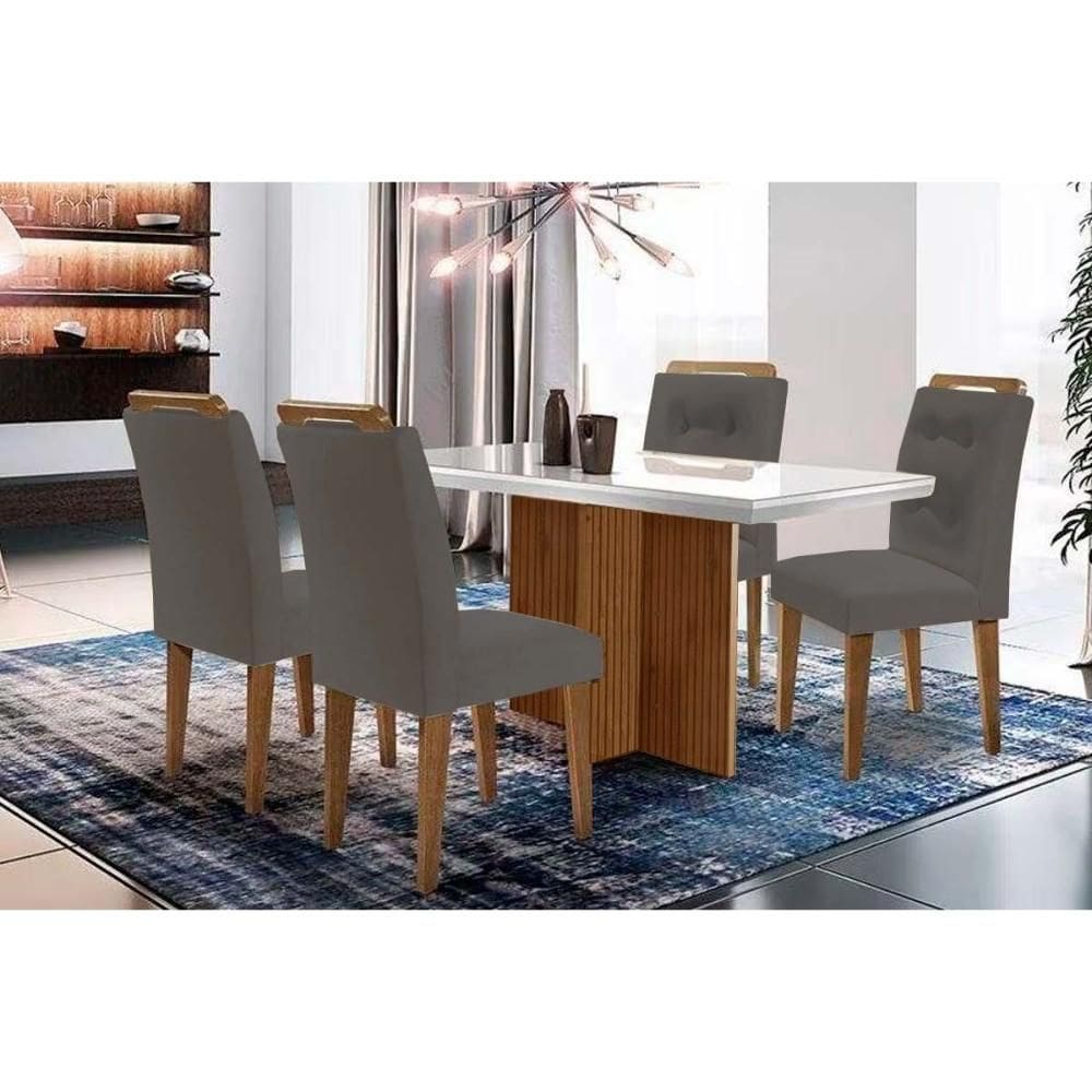 Conjunto: Mesa de Cozinha Berlim c/ Tampo Madeirado c/ Vidro Canto Curvo 120x80cm e 4 Cadeiras Imperatriz Imbuia/Off White - Suede Grafite - Rufato
