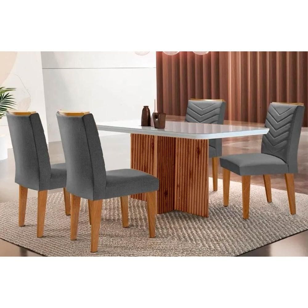Conjunto: Mesa de Cozinha Berlim c/ Tampo Madeirado c/ Vidro Canto Curvo 120x80cm e 4 Cadeiras Londrina Imbuia/Off White - Suede Grafite - Rufato
