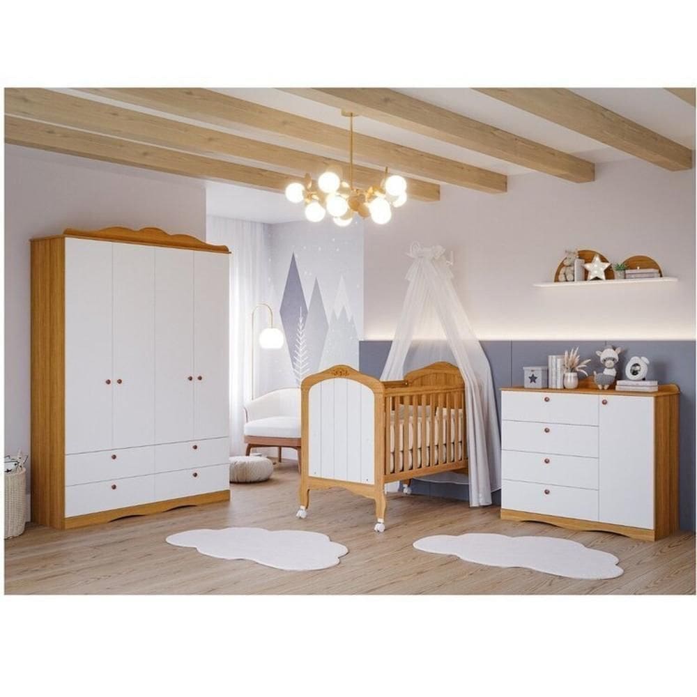 Quarto de Bebê 3 Peças com Berço e Cômoda 4 Gavetas e Guarda-roupa 4 Portas 4 Gavetas Aquarela Espre Nature/Branco