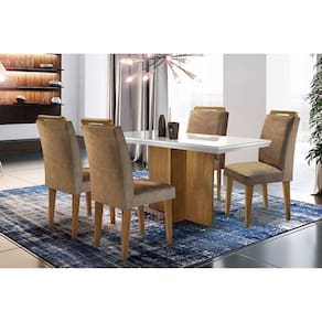 Conjunto: Mesa de Cozinha Berlim Tampo Madeirado c/ Vidro Canto Reto 120x80cm e 4 Cadeiras Athenas Imbuia/Suede Capuccino - Rufato
