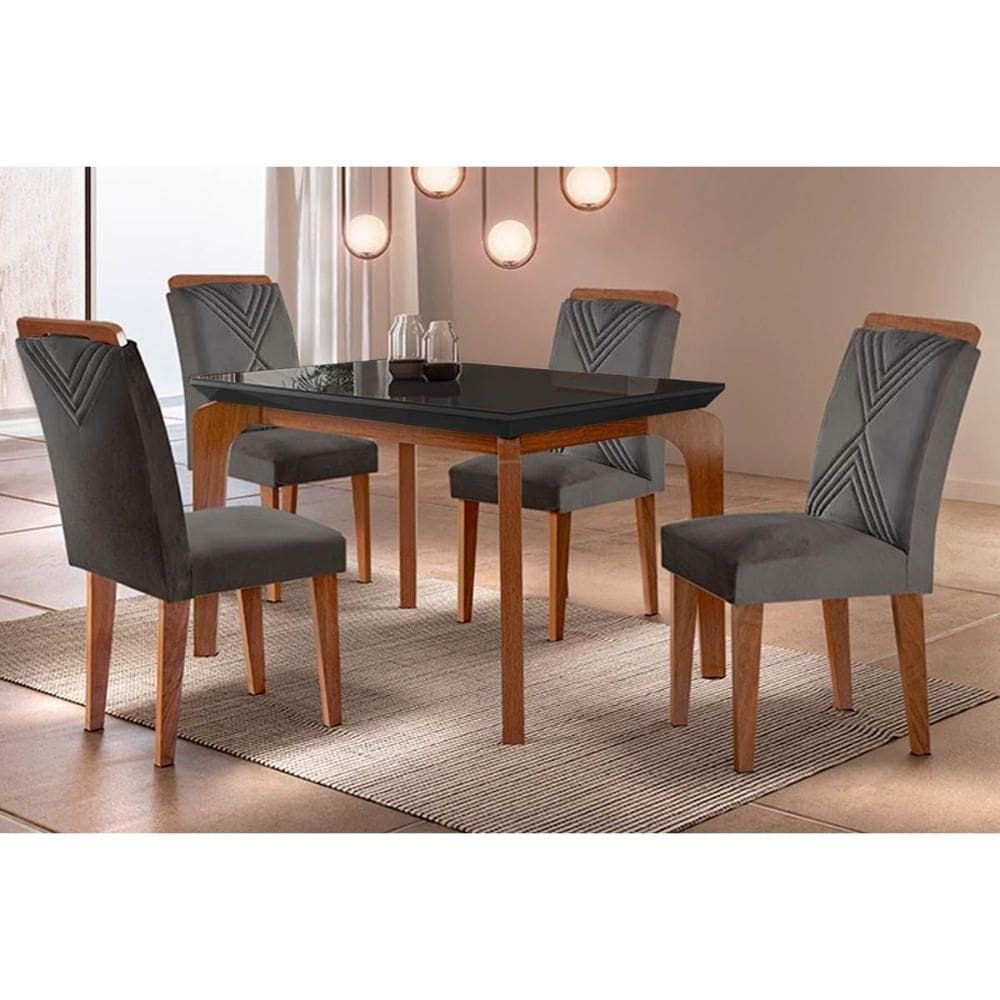 Conjunto: Mesa de Cozinha Londrina c/ Tampo Madeirado c/ Vidro Canto Reto 120x80cm e 4 cadeiras Amsterdã Imbuia/Grafite - Suede Grafite - Rufato